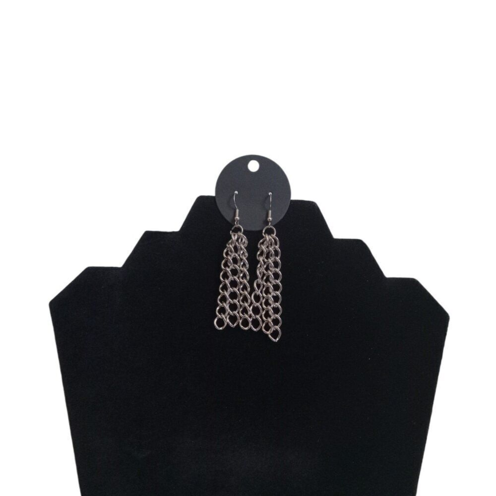 Silver Toned Metal Triple Strand Curb Link Chain Dangle Drop Statement Earrings
